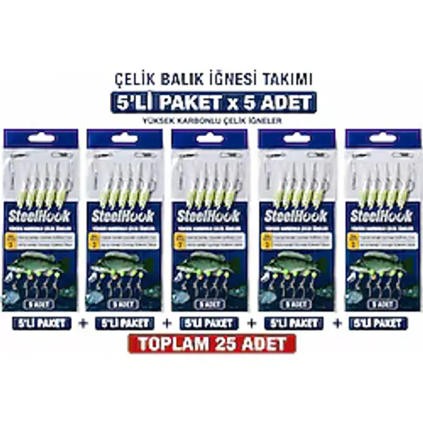 Valkyrie Fosforlu Çelik Balık İğnesi Takımı 5 Li Paket X 5 Adet Toplam 25 İğne Hazır Olta Gece Parlayan Yemli Çapari Cm - 50