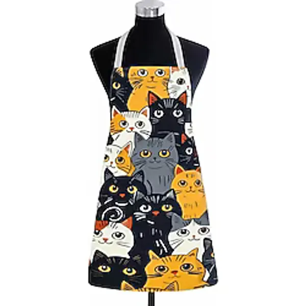 Valkyrie Kedi Desenli Mutfak Önlüğü Cepli Ayarlanabilir Askılı Unisex Mutfak Pişirme Servis Temizlik Önlüğü