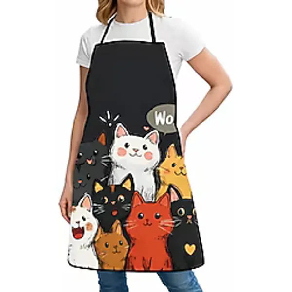 Valkyrie Kedi Desenli Mutfak Önlüğü Cepli Ayarlanabilir Askılı Unisex Mutfak Temizlik Önlüğü Siyah