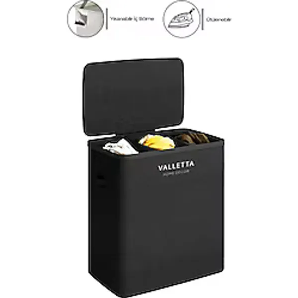 Valletta Paloma 120L Üç Yıkanabilir Bölmeli Katlanabilir Kumaş Kirli Çamaşır Sepeti Ink Black XL - Siyah
