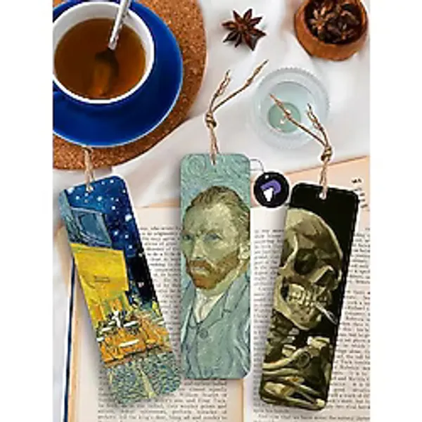 Van Gogh Metal Kitap Ayracı Seti - Üçlü Sanatsal Tasarım - Kafe Teras, Otoportre, Kafatası - Kitap Severler ve Sanatseverler İçin Hediye