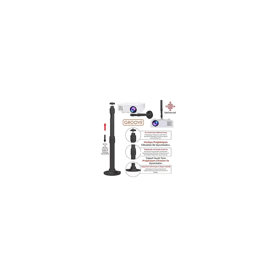 Vankyo Groove 30-60CM Alüminyum Projeksiyon Cihazı Tavan Askı Aparatı Duvar Bağlantı Aparatı Universal Projector Siyah (360° Dönebilen Tripod Yuvalı)