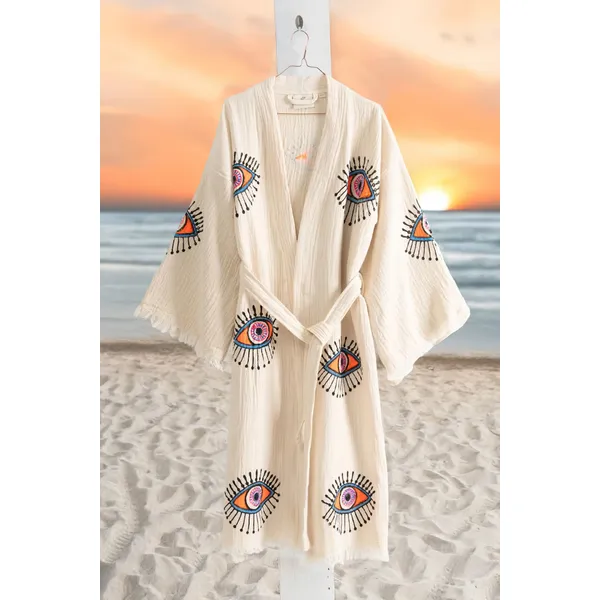 Varol Organik %100 Pamuk Kimono Yaka Sabalık Bornoz Plaj Elbisesi - Göz - S/M