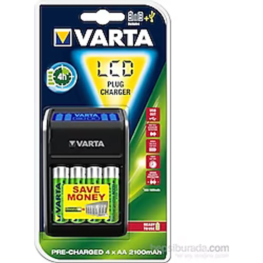 Varta 57687 LCD Plug Pil Şarj Aleti + 2100 mAh 4'lü AA Kalem Şarjlı Pil