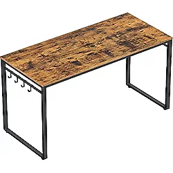 VASAGLE Çalışma, Bilgisayar, Ofis Masası, 8 Kancalı, 140 x 60 x 75 cm, Çalışma Odası, Ev Ofisi, Ofis, Metal, Endüstriyel Tasarım, Vintage Kahverengi/Siyah LWD59X