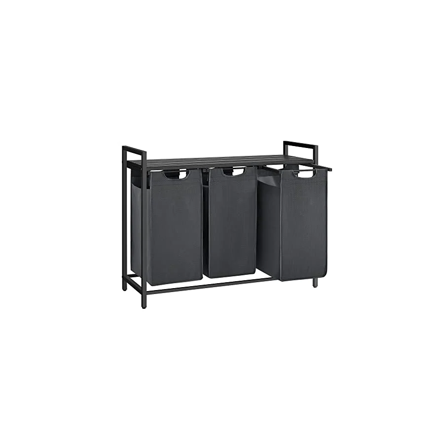 VASAGLE Çamaşır Sepeti 3 Bölmeli, Raflı Çamaşır Sepeti, Çamaşır Kutusu, Oxford Kumaştan Çekilebilir Çamaşır Torbası Çıkarılabilir, Metal Çerçeve, 3 x 38 L, 92,5 x 33 x 72 cm, Siyah-Gri BLH301G01
