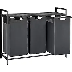 VASAGLE Çamaşır Sepeti 3 Bölmeli, Raflı Çamaşır Sepeti, Çamaşır Kutusu, Oxford Kumaştan Çekilebilir Çamaşır Torbası Çıkarılabilir, Metal Çerçeve, 3 x 38 L, 92,5 x 33 x 72 cm, Siyah-Gri BLH301G01