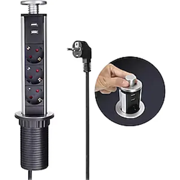 Vea Üçlü 1.5 Metre Kablolu İki Usb'li 60Mm Masaüstü Bas Aç Masa Prizi Gömme Tip Priz Kutusu Çocuk Korumalı Grup Priz