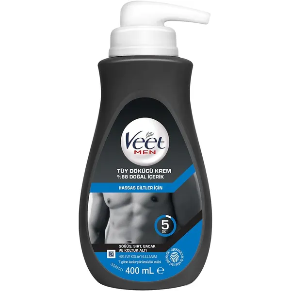 Veet Men Hassas Ciltler İçin Tüy Dökücü Krem, Göğüs Sırt Bacak ve Koltuk Altı,%88 Doğal İçerik ve Ginseng Özlü, 400 ml