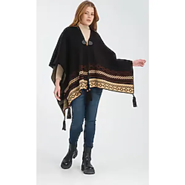 VEGA MODA Etnik Desenli Panço, Balıkçı Dikişli Düğme Detaylı Panço, Dış Giyim Panço, Triko Örğü Şık Panço