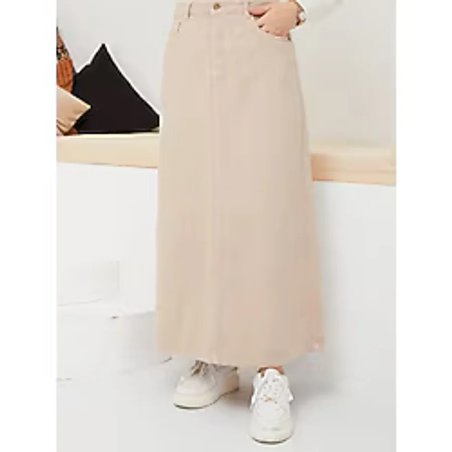 Vellichor Kadın Etek Doğal Kumaş Uzun 90 cm Boy 37 cm Bel Ölçüsü Yaz Mevsimi İçin - Badem - 46