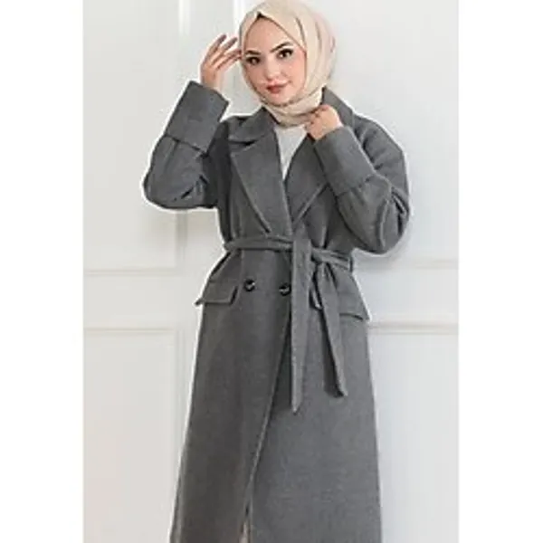 Velmora Fashion Velmora Premium Kadın Kaşe Kaban - Uzun Boy Kruvaze Yaka Kuşaklı Tesettür Kaşe Kışlık Kaban, Astarlı