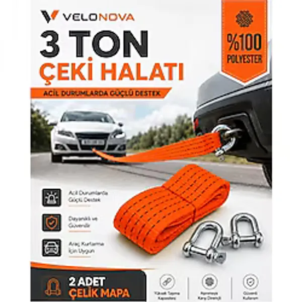 Velonova 3 Ton Kırmızı Çekme Halatı 3 Metre 5 cm Genişlik 2 Adet Çelik Mapa Dahil %100 Polyester Araç Kurtarma Halatı