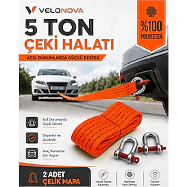 Velonova 5 Ton Çekme Halatı 3 Metre 5 cm 2 Adet Omega Kilitli Çelik Mapa CE Belgeli %100 Polyester Araç Kurtarma Halatı Kırmızı