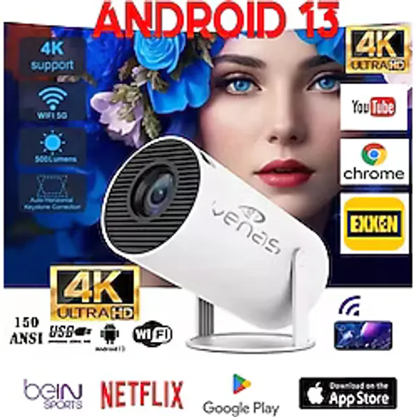 Venas Taşınabilir Ev Ofis Tipi Sesli Sinema Projeksiyon Android 13 işlemcili AppStore Ve Googleplay li