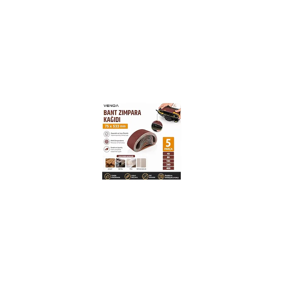 Venoa Einhell Tc Bs 8038 Uyumlu Bant Zımpara Kağıdı 75x533 mm - 5 Parça (Karışık Grit Seti)