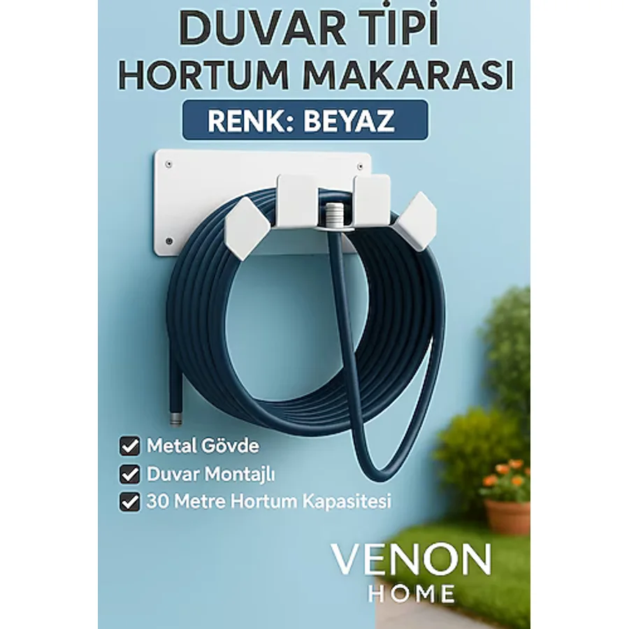 VENON BEYAZ Duvar Tipi Metal Hortum Askısı Siyah Metal Hortum Askılığı - Bahçe Hortumu Tutucu Kanca