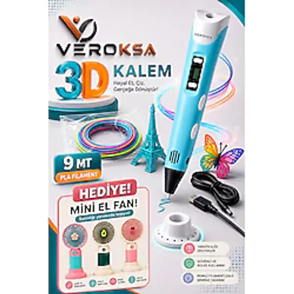 VEROKSA MAVİ 3D Kalem Seti 9 MT PLA Filament + Mini El Fanı Hediyeli LCD Ekranlı USB Şarjlı 3 Boyutlu Yazıcı Kalemi