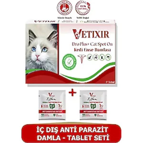 Vetixir Kedi Bitkisel İç-Dış Anti Parazit Ense Bitkisel Damlası Bit Pire Kene Damla Seti - 5 Damla 2 Tablet