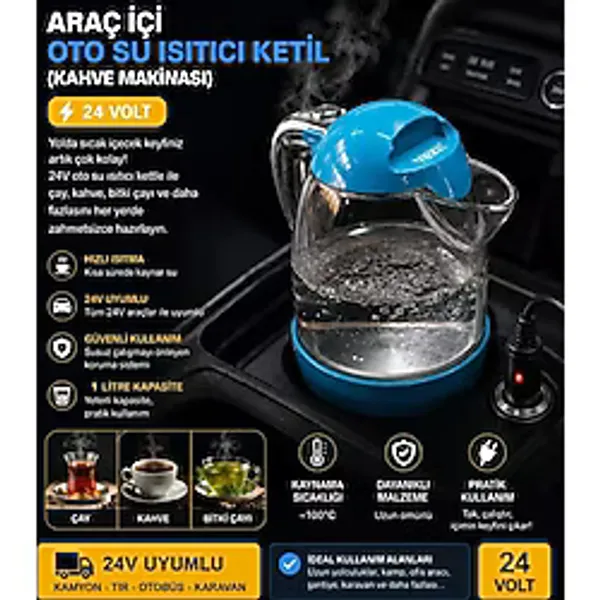 Vezir Vzr-10 Araç İçi Su Isıtıcı Otomatik Rezistanslı (Kahve Makinesi Kettle) 1 Lt 24 Volt