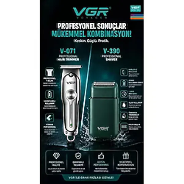 VGR Voyager V-071 & V-390 Saç Sakal Tıraş Makinesi Seti 2'li Berber Combo - Gümüş - Yeşil