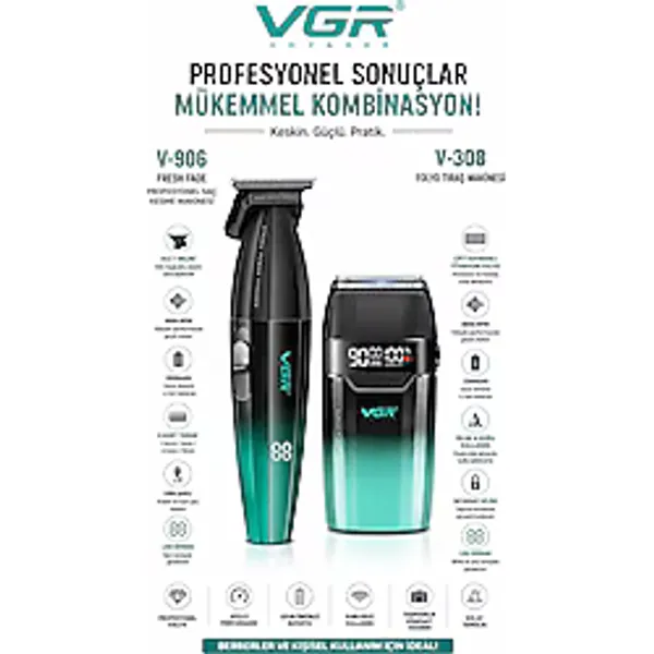 VGR Voyager VGR V-906 & V-308 Saç Kesme, Sakal Sıfırlama Tıraş Makinesi Seti 2'li Berber Combo