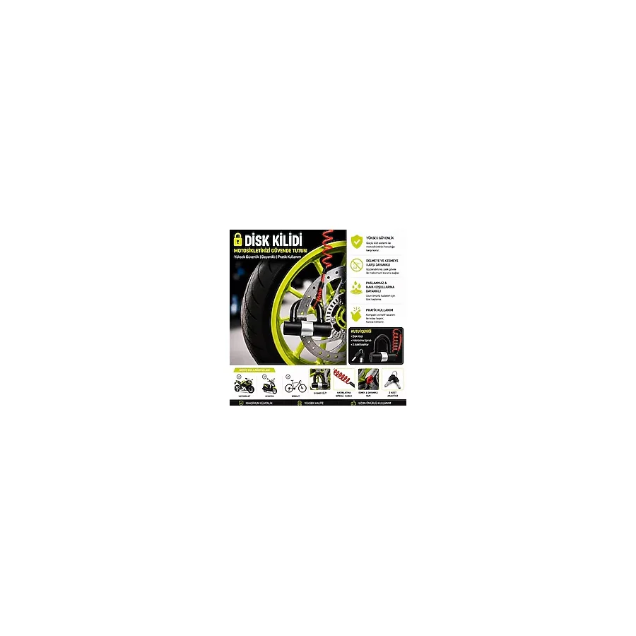 Vi Caro 781MV 12X11 cm Boy 16MM Çapında Motosiklet Disk Kilidi Kelepçeli Çelik U-Bar ve Kırmızı Hatırlatma Kablosu