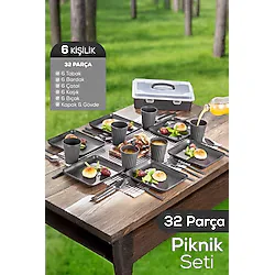 Vienev 32 Parça 6 Kişilik Taşınabilir Piknik Seti - Saklama Kutulu Antrasit