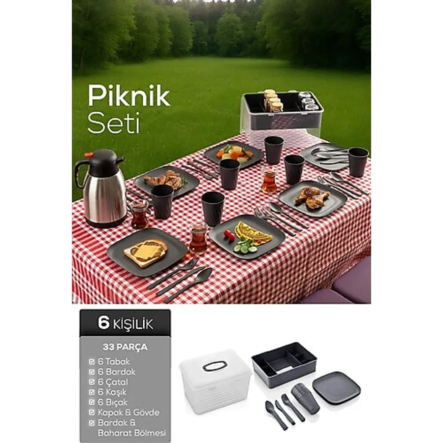 Vienev 33 Parça 6 Kişilik Piknik Seti Antrasit Antrasit