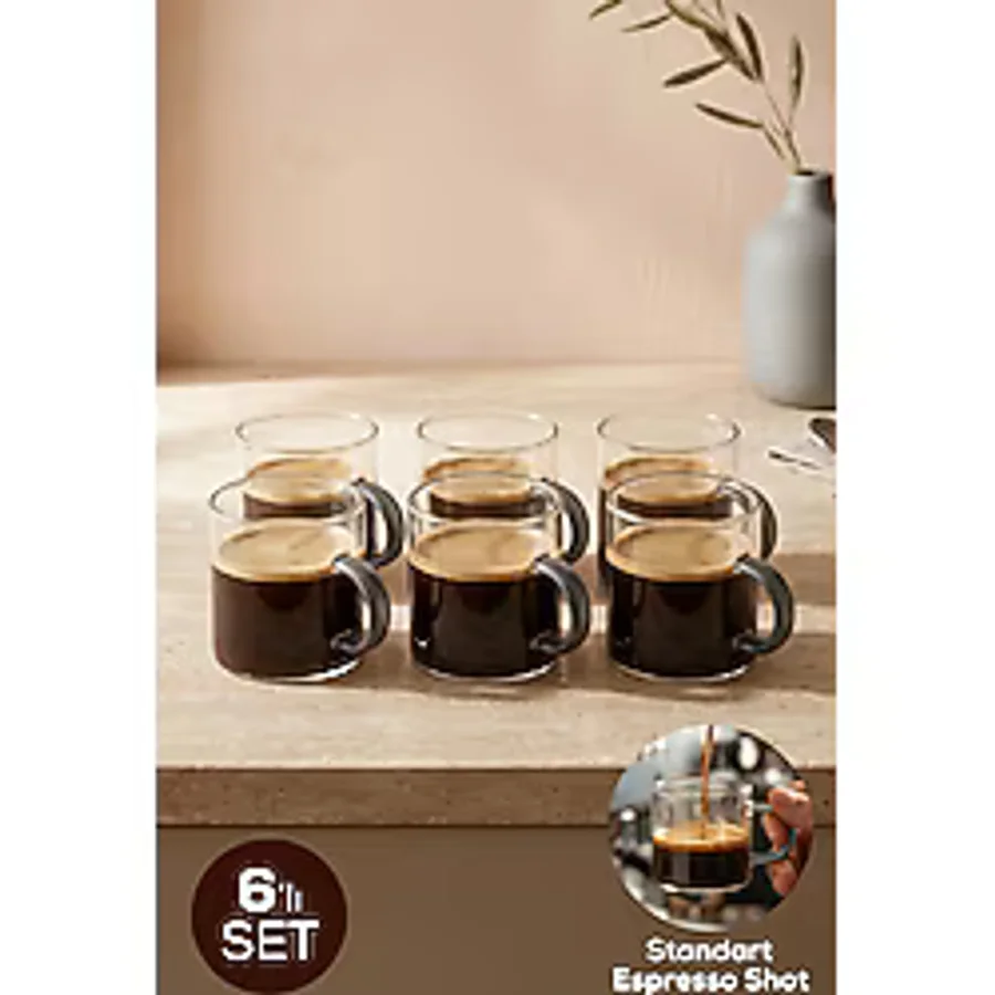 Vienev Gri Kulplu 6'lı Cam Espresso Bardağı Seti - 95 ml