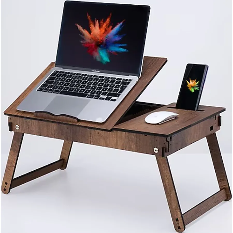 Vigo Wood Katlanır Ayaklı Ayarlanabilir Laptop Sehpası Telefon Bölmeli Bilgisayar Çalışma Sehpası