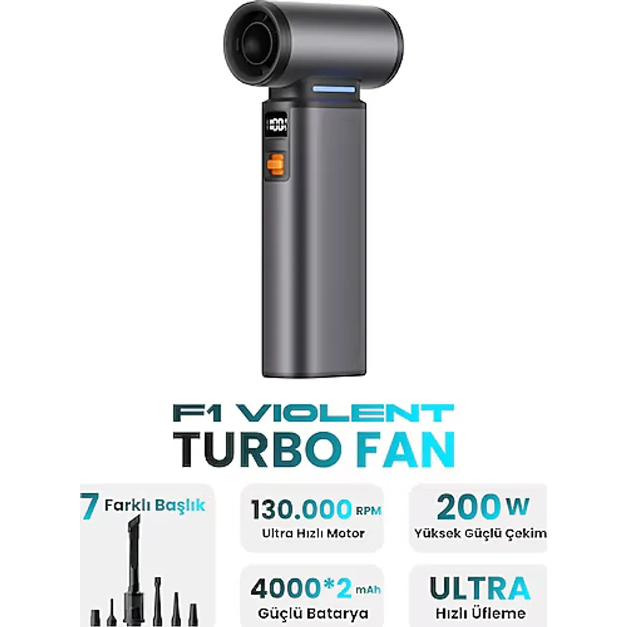 Violent Turbo Jet Fan 130000RPM Ultra Güçlü Motor Güçlü Vakum 4000MAH Bataryalı Üflemeli - Gri