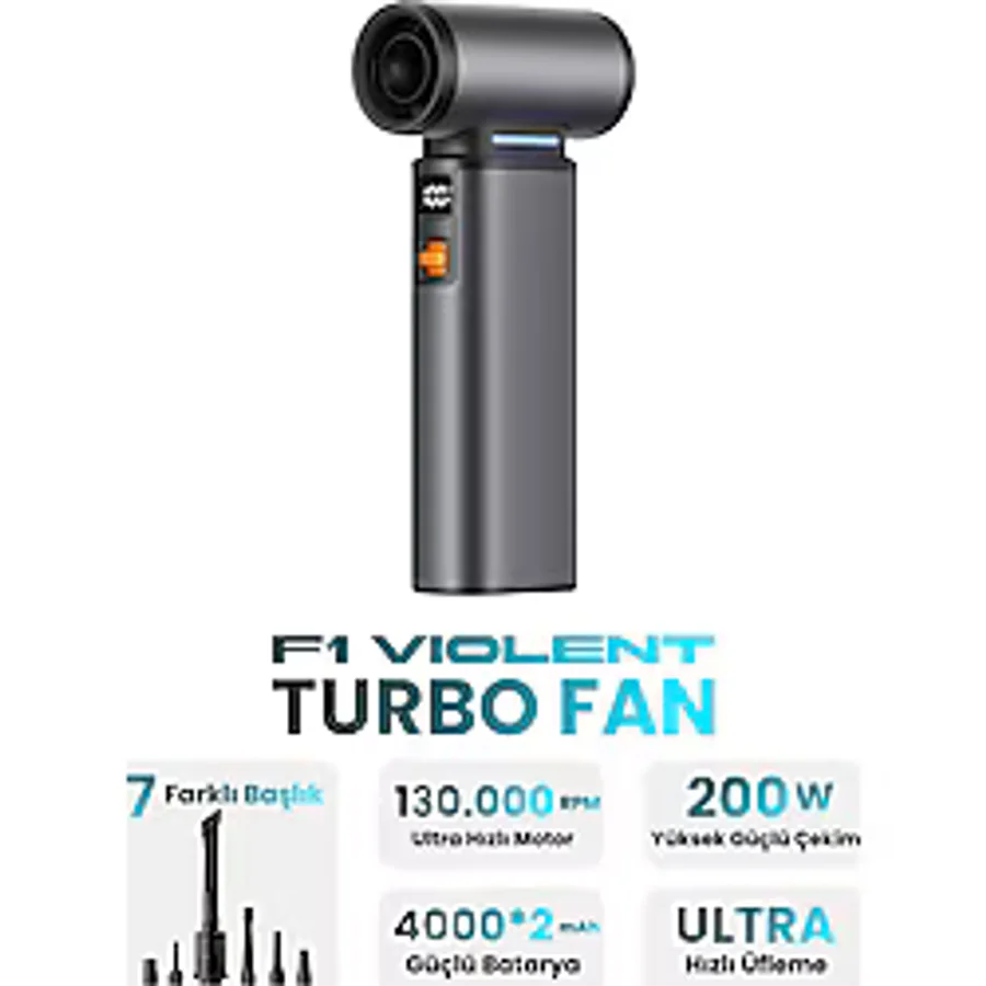 Violent Turbo Jet Fan 130000RPM Ultra Güçlü Motor Güçlü Vakum 4000MAH Bataryalı Üflemeli - Gri