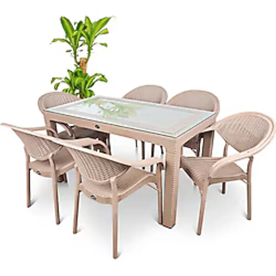 Violet Rattan Masa Takımı 80x140 Camlı Masa 6 Kişilik Bambu Sandalye Seti Bahçe Balkon Teras Takımı - Kapuçino
