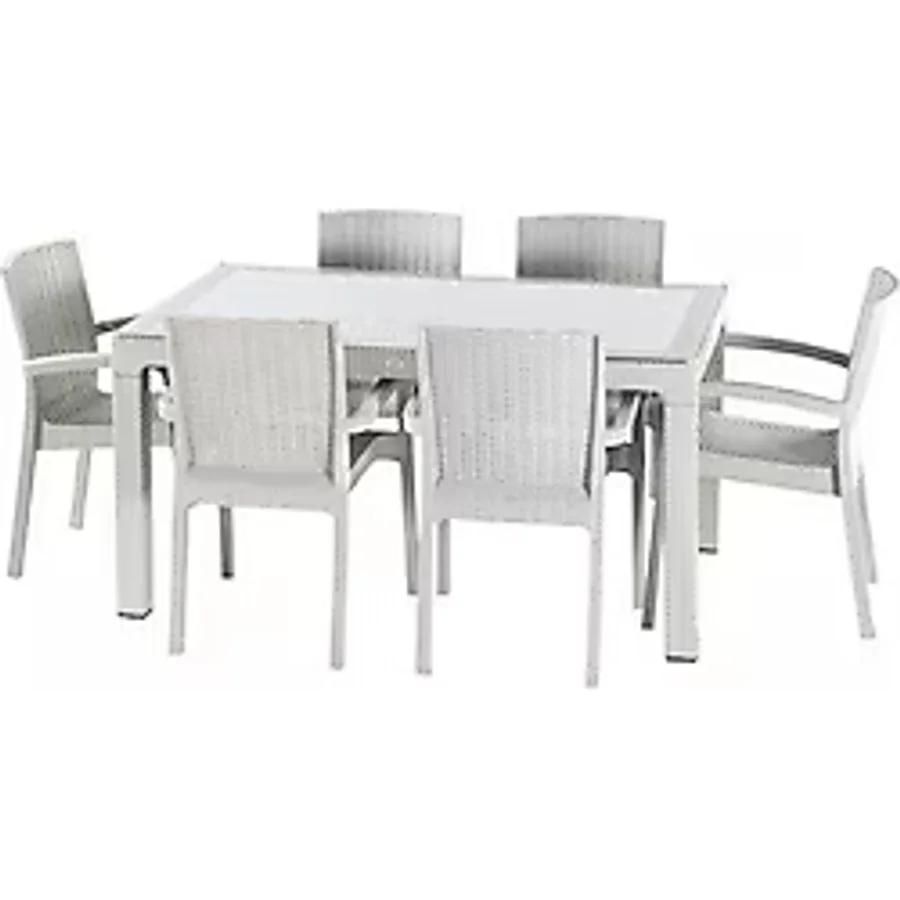 Violet Rattan Masa Takımı 80x140 Camlı Masa 6 Kişilik Rattan Sandalye Seti Bahçe Balkon Teras Takımı - Beyaz