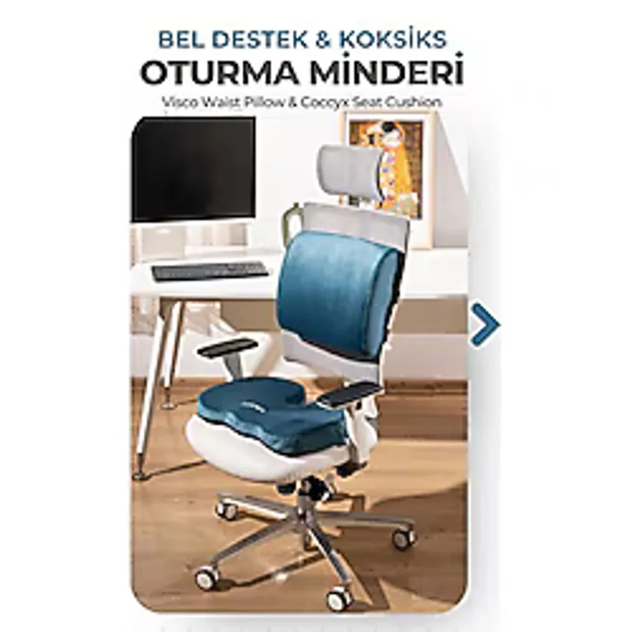 Viscotex Visco Ortopedik Oturma ve Bel Destek Minderi Seti, Sırt Yastığı ve Koksiks Minderi - Turkuaz - 35 x 45 cm