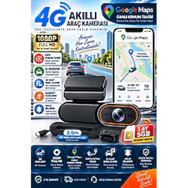 Visenox 4g Akıllı Araç Kamerası 1080P Full Hd Gps Konum Takip G-Sensor 24 Saat Park Izleme Uzaktan Erişim 3.5m Obd Kablo 3AY 5gb Hediye