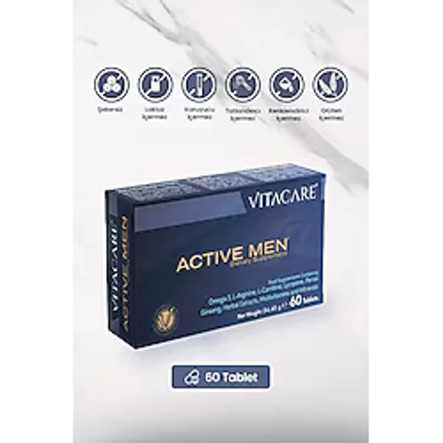 Vitacare Active Men - 60 Tablet Omega 3, L-Arginine, L-Carnitine, Ginseng & Multivitamin-Mineral Kompleksi