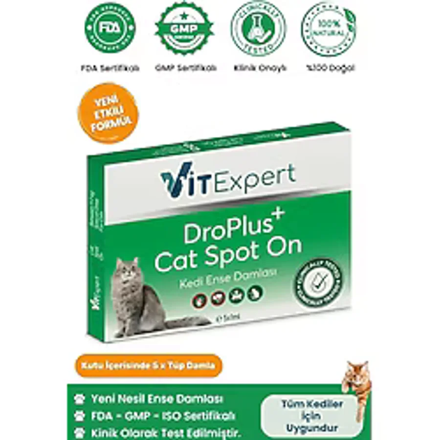 Vitexpert Droplus,Kedi,Damlası,Pire,Dış,Parazit,Bit,Kene,Deri,Bakımı,İçin,Bitkisel,Damla,(,1-7,Kg,),5,Tüp