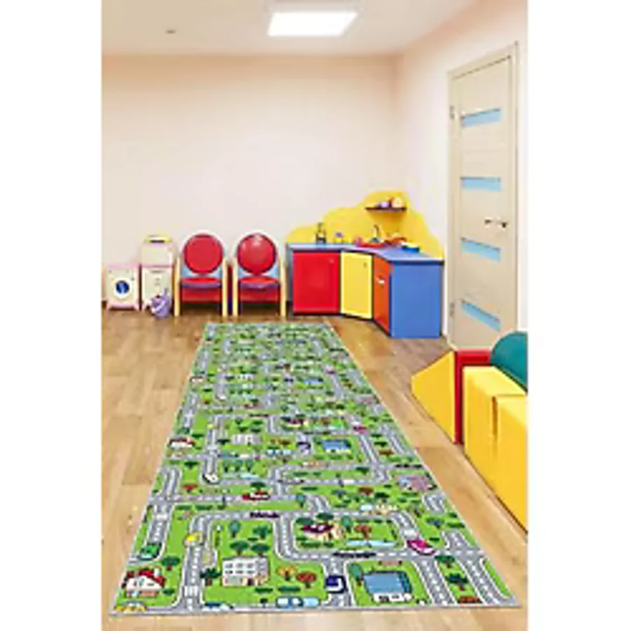 Viva Home Kaymaz Taban Kesme Yolluk Otoyollu Çocuk Halısı Ar251, Yeşil, 120 X 140