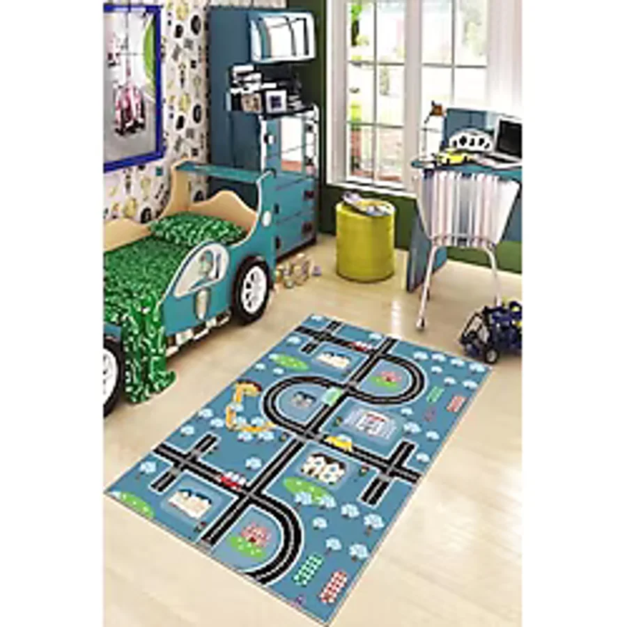 Viva Home Kaymaz Tabanlı Makinede Yıkanan Otoyollu Çocuk Halısı Ar746, Turkuaz, 80 X 180