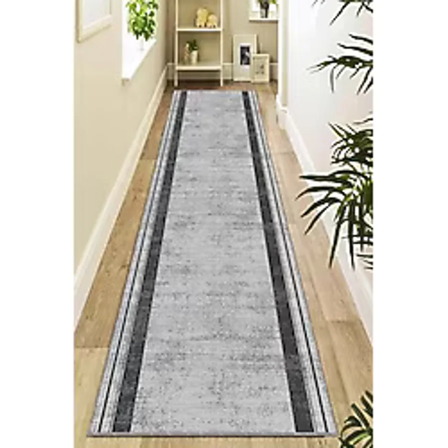 Viva Home Makinede Yıkanabilir Kaymaz Taban Vintage Kenarlı Kesme Rulo Yolluk Ar558, Gri, 80 X 300