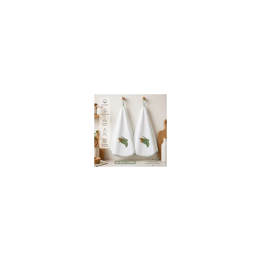 Vivesta Home %100 Pamuk Yuvarlak Mutfak Havlusu 50 cm - 2'li Set Yüksek Emicilik, Askı Halkalı, Nakışlı Şık Tasarım, Makinede Yıkanabilir Kurulama Bezi