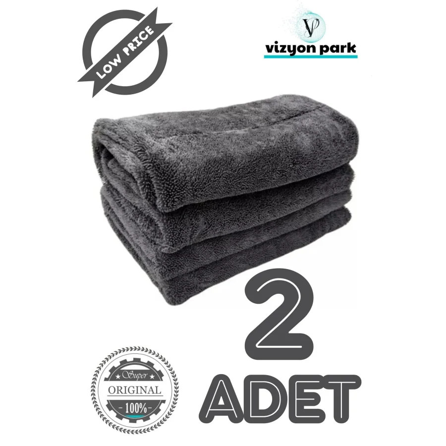 Vizyon Park 2 Adet Mikrofiber Kalın Süper Emici Çift Yüzlü Araç Kurulama Havlusu ve Cila Bezi 50 x 70 Cm- Gri
