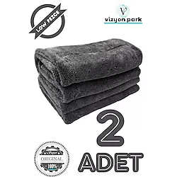 Vizyon Park 2 Adet Mikrofiber Kalın Süper Emici Çift Yüzlü Araç Kurulama Havlusu ve Cila Bezi 50 x 70 Cm- Gri