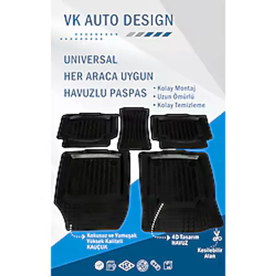 VK AUTO Siyah Havuzlu Araba Paspası 4D TÜM ARAÇLARA UYUMLU UNIVERSAL