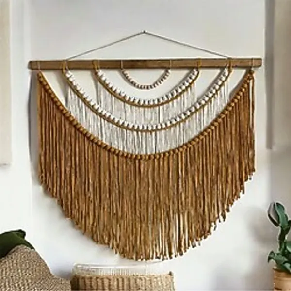 VOBU HOME & LIFE DESIGN EL YAPIMI MAKROME BOHO DUVAR SÜSÜ, SALON VE YATAK ODASI DEKORU, BÜYÜK RUSTİK DEKOR ( HARDAL- KREM)