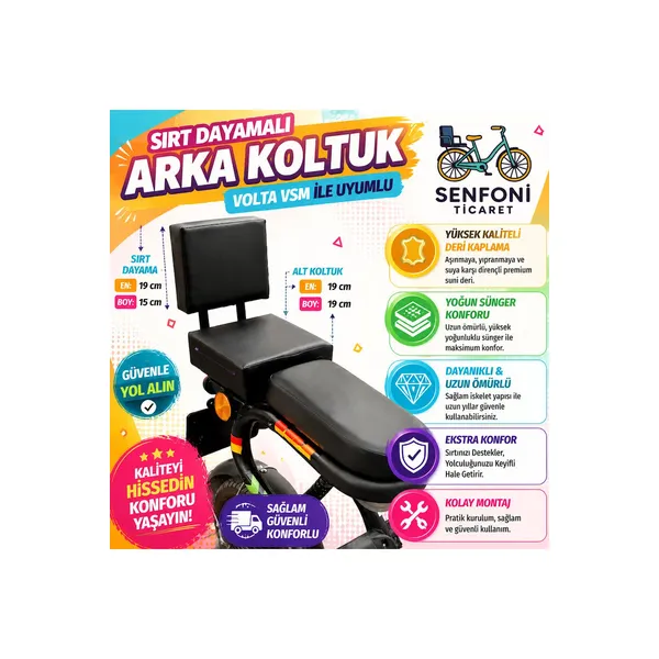 Volta Vsm Deri Arka Koltuk, Sırt Dayamalı, Sele, Oturak, Elektrik Bisiklet