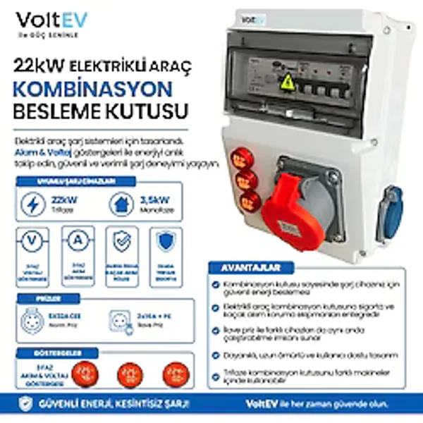VoltEV 22kW Akım & Voltaj Göstergeli EV Elektrikli Araç Şarj İstasyonu Koruma Panosu - AC Kombinasyon Kutusu