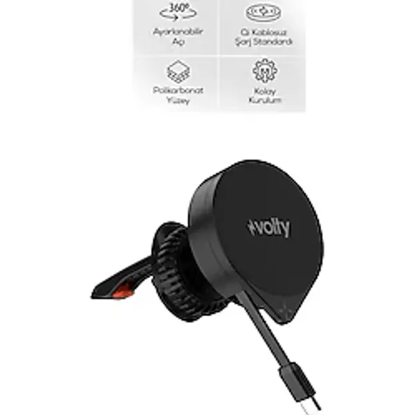 Volty Kablosuz Araç Şarjı ve Tutucu 15W, Manyetik, Geri Çekilebilir Kablo, 360°, 99g (V0106001)